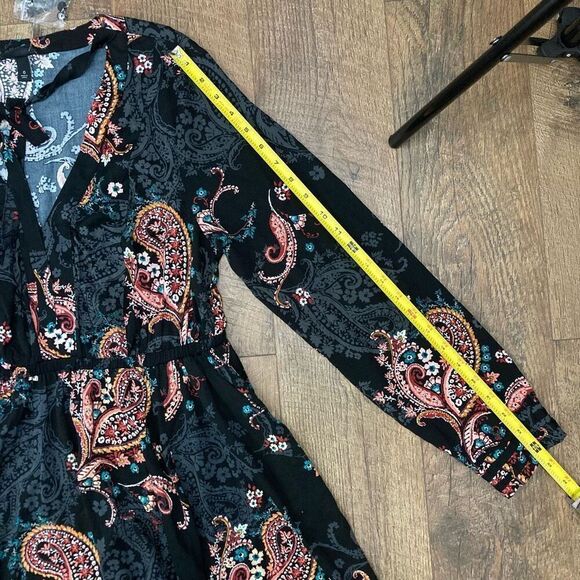 Torrid Midi Challis Skater Paisley V-neck Long Sleeve Black Dress sz 0 / L / 12 - Picture 8 of 10